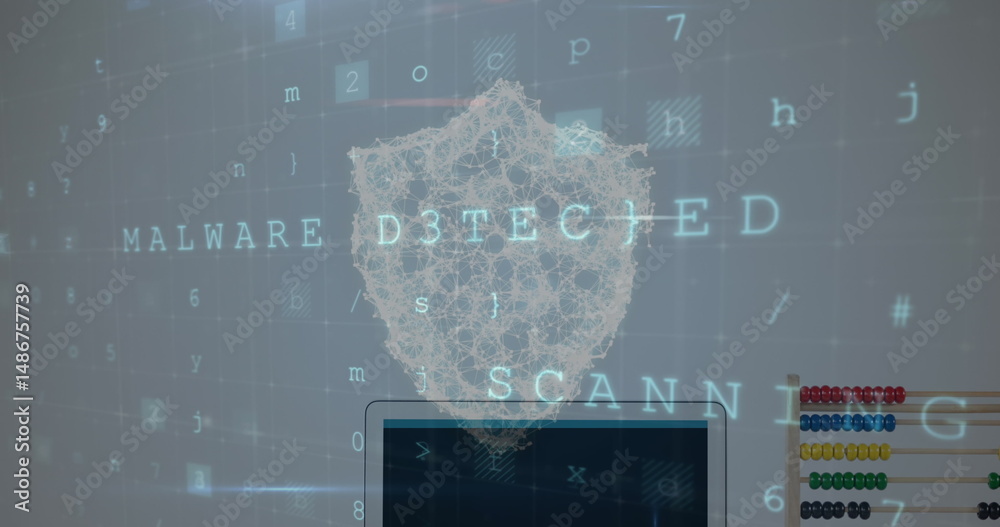 Poster displaying wireframe shield icon scanning on screen with malware detected and scanning text, beads
