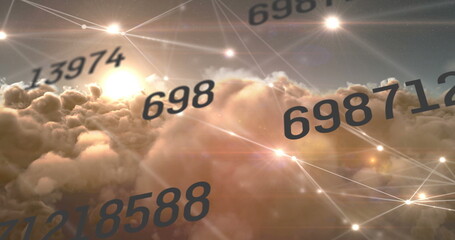 Image of networks of connections with icons over clouds and sky