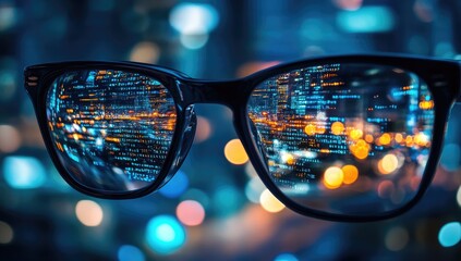 Night city reflected in glasses, coding overlay