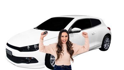 conquest of new car. Young woman holding car key in front of car.