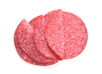 Slices of tasty smoked sausage isolated on white, top view