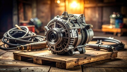 Close-up of a metallic engine component on a wooden pallet with tools and equipment around. The background is blurred, hinting at a workshop setting.