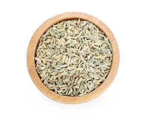 Aromatic fennel seeds in bowl isolated on white, top view