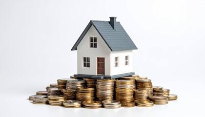 Miniature house resting atop stacked golden coins on a white backdrop symbolizing property investment and financial growth