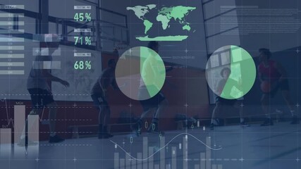six basketball players practicing on court displaying floating world map, pie charts for technology - Powered by Adobe