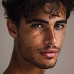 Obraz premium A young man with a beard and freckles looks directly at the camera with a neutral expression.