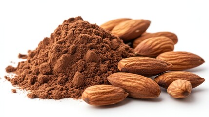 Cocoa powder and almonds high resolution food photography image for culinary and health applications