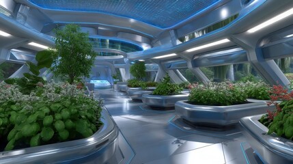 Futuristic Greenhouse Interior, Sustainable Technology, Botanical Garden