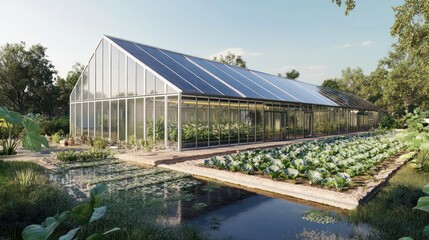 Fototapeta premium Modern Greenhouse with Solar Panels and Water Feature