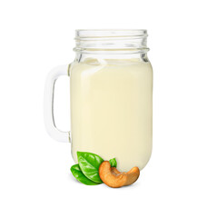 Nut milk in glass jar and cashews isolated on white