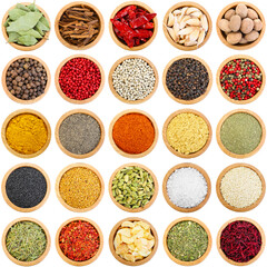 Different aromatic spices in bowls isolated on white, set. Top view