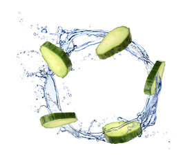 Cucumber slices and splashing water in air on white background