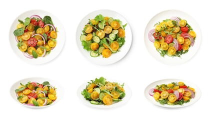 Tasty fresh salads with yellow and red tomatoes on white background, collage. Top and side view