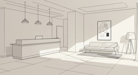 Fototapeta premium Elegant hotel lobby sketch showcasing reception area, seating, and contemporary artwork