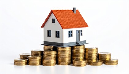 Miniature house model atop stacks of golden coins against a stark white backdrop symbolizing financial concepts like property investment and savings