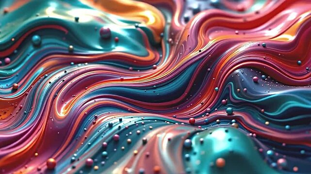 surreal abstract fluidity with a rich tapestry of colors, reflective surfaces creating depth, hints of emerald and ruby intertwining, vibrant saturation with glossy textures