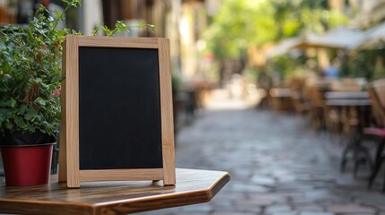 Empty Blackboard on a Table in Outdoor Cafe
