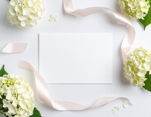 _A soft and elegant composition featuring blooming hydrangea flowers and a silky ribbo