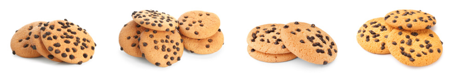 Set of tasty cookies with chocolate chips on white background