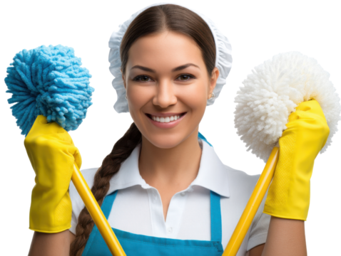 young woman with cleaning tools