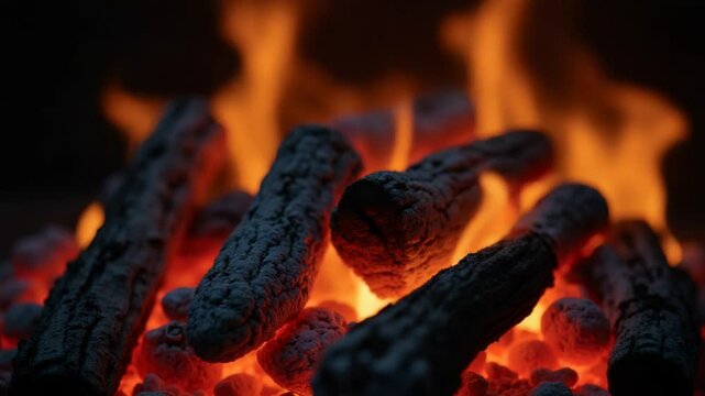 Coals are burning in fire flame. Orange fire transforms the wood into charcoal in the grill. Background of burning logs. Close-up. Vertical