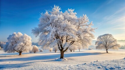 Fototapeta premium Frosty trees stand alone amidst a blanket of fresh spring snow, their branches etched in delicate ice crystals , nature, spring