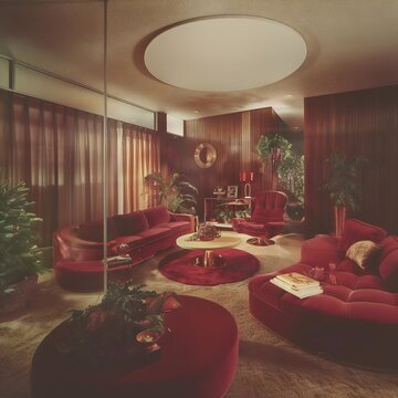 A luxurious 1970s-inspired living room features two striking red couches, a red chair, and lush greenery, set against a warm light brown backdrop with a plush red carpet and natural light pouring in.