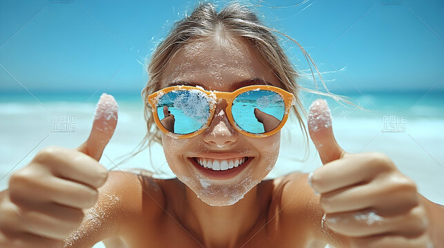 Sandy Smiles: Beach Reflection in Sunglasses with Thumbs Up Gest