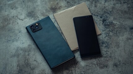 Two smartphones and notepad on gray textured surface top view