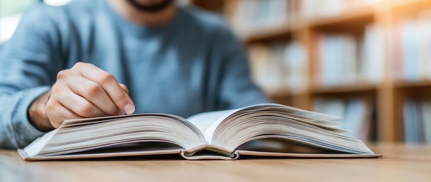 Person reading open book library