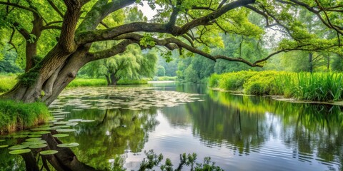 Obraz premium A unique branch of a black alder tree growing out of a riverbank, surrounded by lush greenery and water lilies
