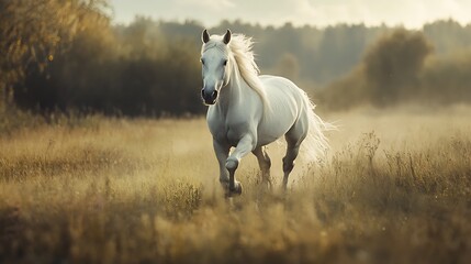 Fototapeta premium White horse running in golden meadow
