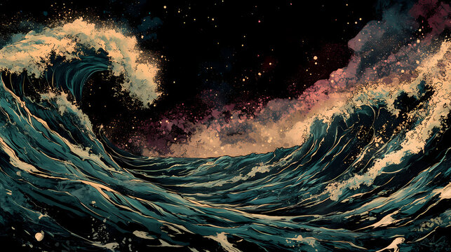 Fondo abstracto ondas de luz sobre fondo oscuro. [Whispering Machines] | Signal Remnant | leftover wave. Illustration