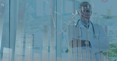 male doctor standing in clinic, displaying financial candlestick chart overlays and line graphs - Powered by Adobe