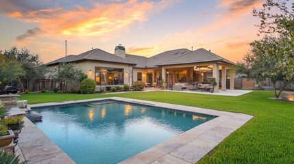 Beautiful house exterior showcasing pool patio and landscaped backyard at dusk