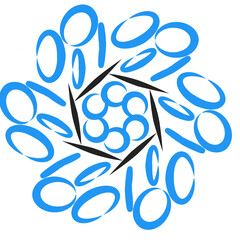 A modern abstract pattern features blue oval shapes and black lines arranged in a circular design on a clean white background Ideal for backgrounds and graphic elements.