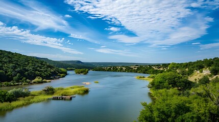 Fototapeta premium Aerial View of Scenic River Landscape with Green Trees and Blue Skies