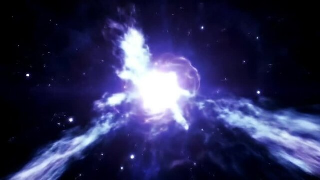 Ledakan fiksi ilmiah berkekuatan tinggi di luar angkasa, melepaskan gelombang energi plasma biru dan ungu yang bersinar.