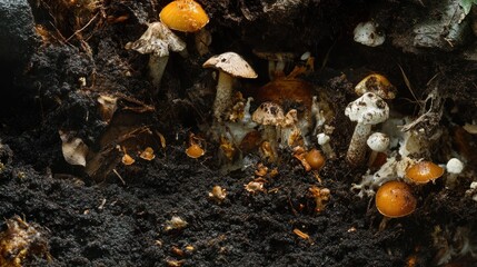Forest Fungi: A Close-Up View of Mushrooms Emerging from the Soil