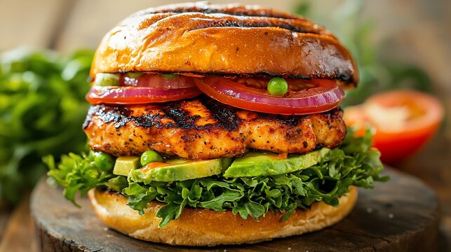 Juicy burger with grilled patty, veggies, and brioche bun on a wooden board - Powered by Adobe