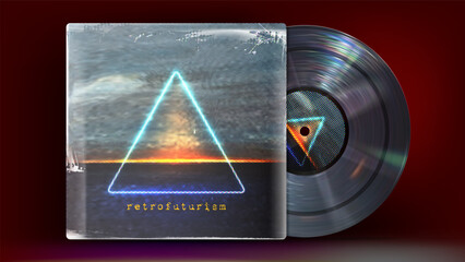 Retrofuturism Vinyl Record . Album Art. Album Cover in halftone style . Vinyl record packaging
