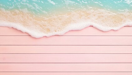 Obraz premium Pastel pink wooden planks meet a light turquoise, foamy ocean wave
