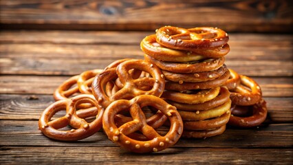 Crunchy golden brown pretzel stack on wooden table, foodie, twisted bread,  foodie, twisted bread, homemade