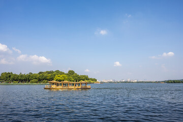 Traditional Chinese Wooden Boat on a Lake