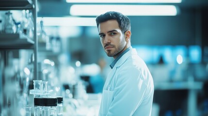 A portrait of a serious European male scientist in a laboratory. He stands confidently among lab equipment, showcasing innovation and dedication in research and healthcare.