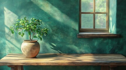 Rustic wooden table with potted plant bathed in sunlight.