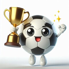 Fototapeta premium Animated character 3D image of a metallic soccer ball winner celebrating with a gold cup, cute design, white background
