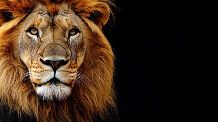 Naklejka premium Majestic lion portrait, stunning mane and eyes against black background