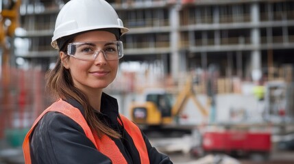 Fototapeta premium A female engineer in her early 30s poses confidently at a construction site, wearing safety gear including a hard hat and protective glasses.