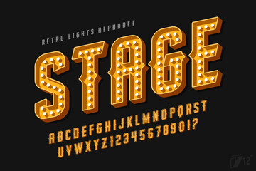 Retro circus alphabet design, cabaret, fairy LED lamps letters and numbers.